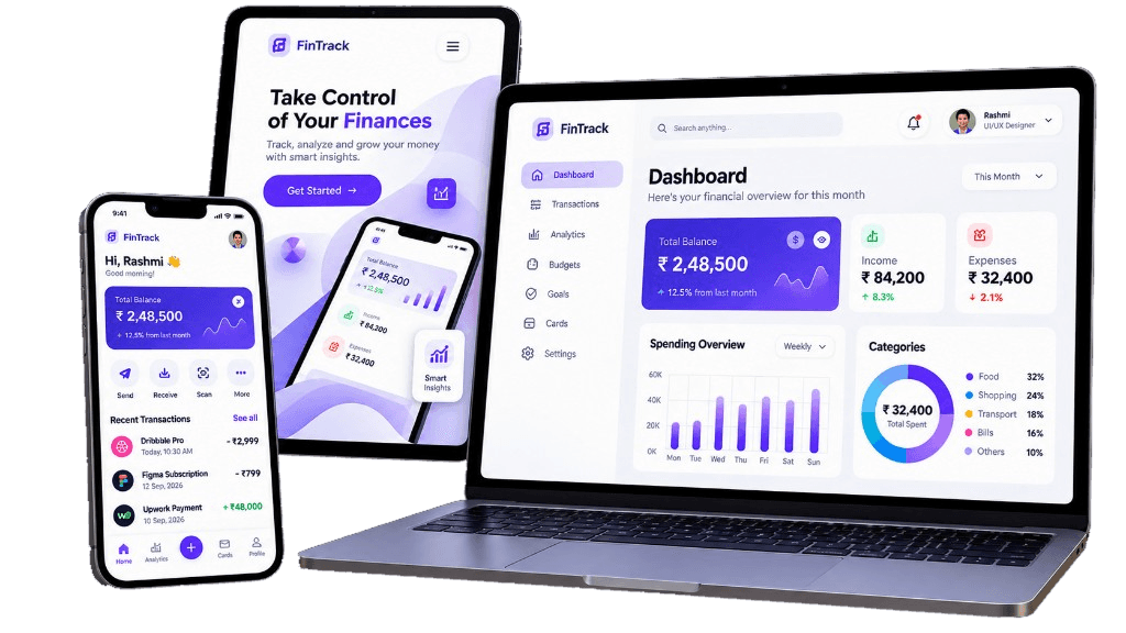 FinTrack finance app UI mockup across phone, tablet and laptop designed by Rashmi Ladani