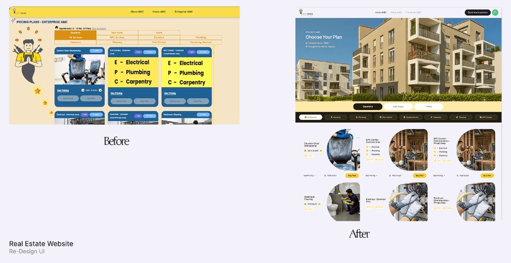 Real estate website redesign — before and after UI comparison by Rashmi
