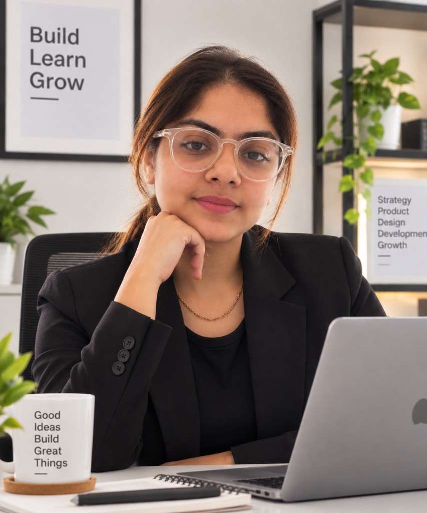 Rashmi Ladani, UI/UX Designer, working at her desk with a laptop